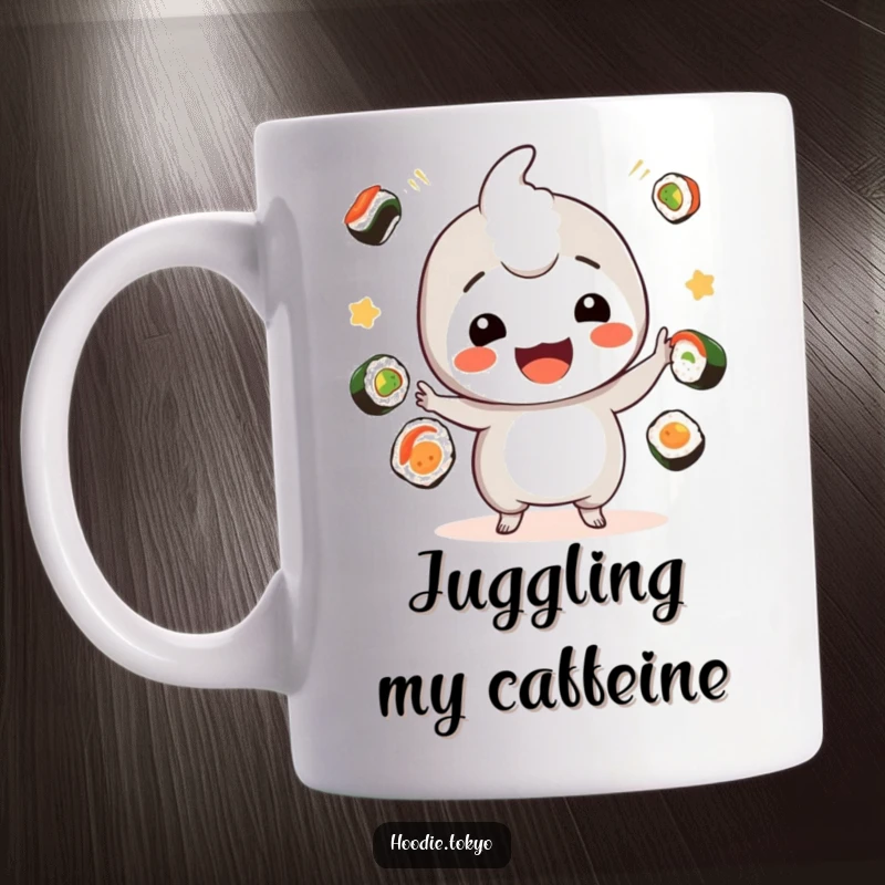 Funny sushi kawaii mug showing a playful character juggling pieces of sushi, perfect funny gift.