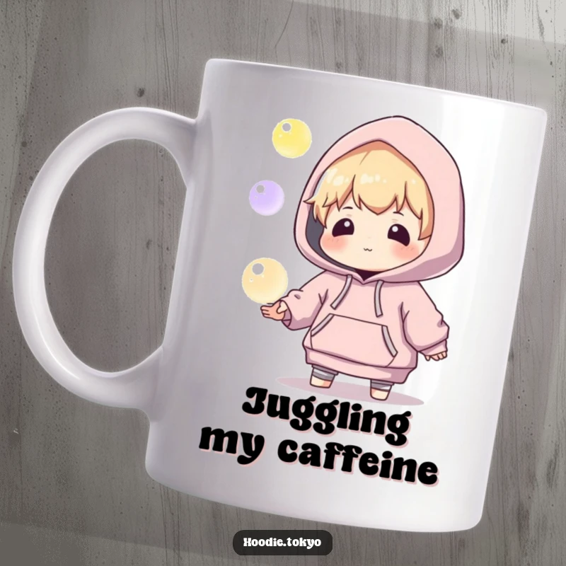 Funny ceramic mug with a playful character in an oversized hoodie, attempting to juggle three brightly glowing orbs with concentration.