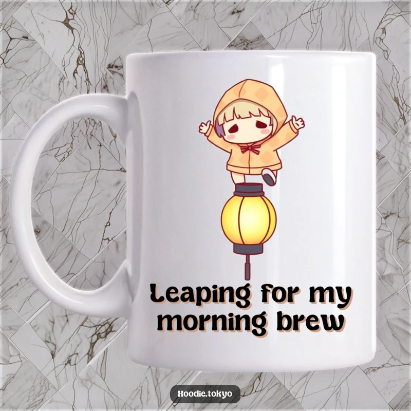 Funny mug showing a character in a patterned hoodie leaping energetically over a stylized, glowing lantern.