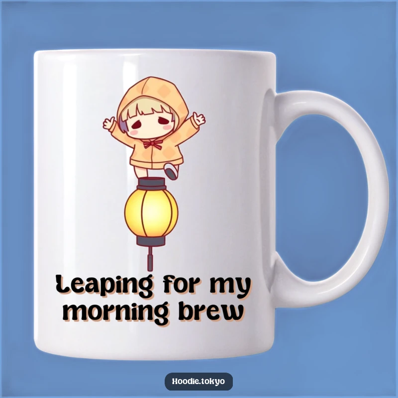 Funny Leaping Character Mug: Patterned Hoodie and Glowing Lantern Fun