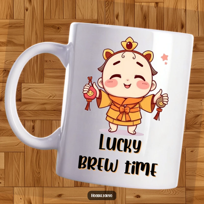 Funny mug with a playful character sporting a cheeky grin while expertly juggling three colorful omamori good luck charms.