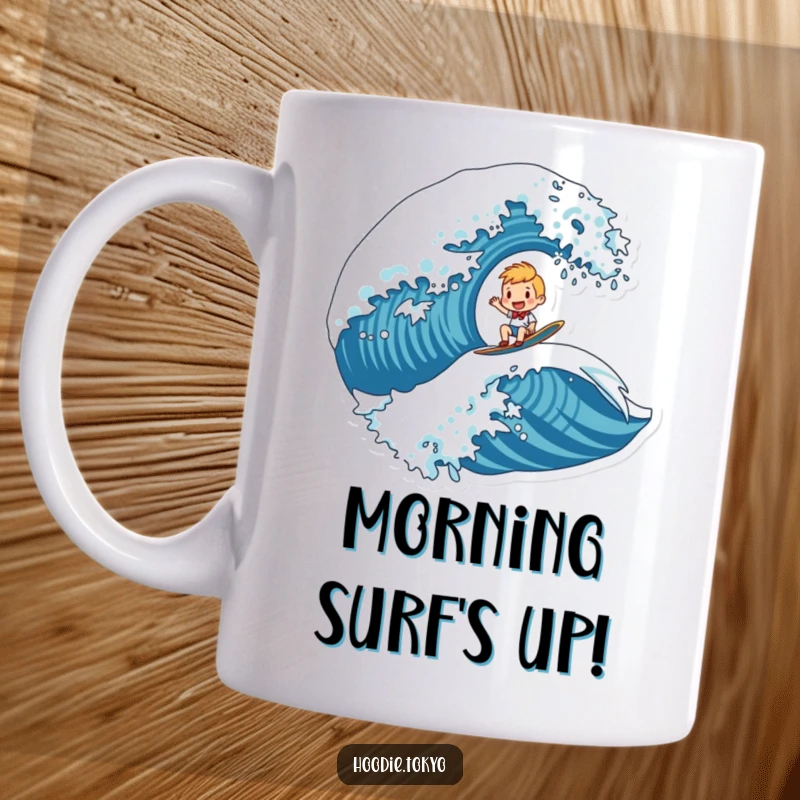 Funny character mug showing a cheerful person joyfully riding a large, stylized wave, conveying excitement and freedom.