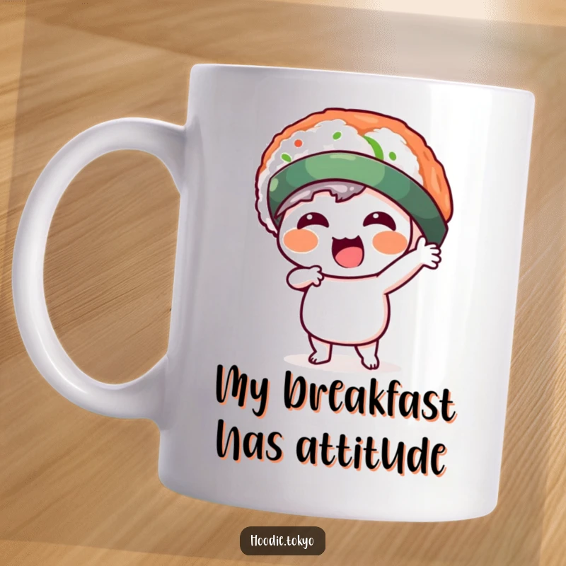 Funny Kawaii sushi hat character in a dynamic pose, looking cheerful and ready for action, perfect for coffee lovers. A unique and humorous mug.