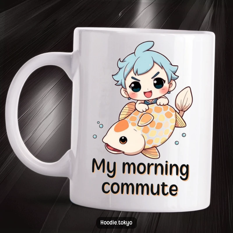 Funny Mug: Character with determined grin bravely attempts to ride a massive, majestic koi fish, symbolizing adventurous spirit.