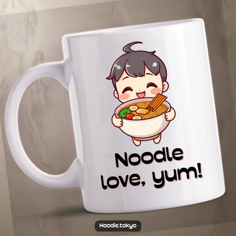 Funny cheerful ramen character mug, smiling and offering a delicious bowl of ramen forward.