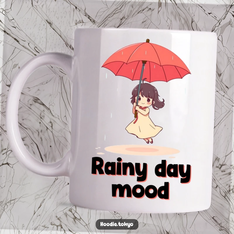 Funny Mug: Character joyfully dances in a gentle rain shower, holding a vibrant red umbrella, spreading happiness.