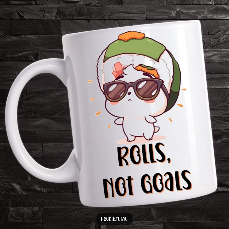 Funny mug featuring a surprised character in oversized sunglasses, gazing in awe at a colossal sushi roll, expressing pure food-related astonishment.