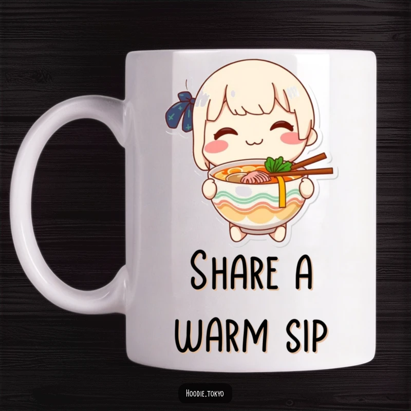 Funny cheerful character holding a steaming bowl of ramen, offering it forward with a welcoming smile, anime style.