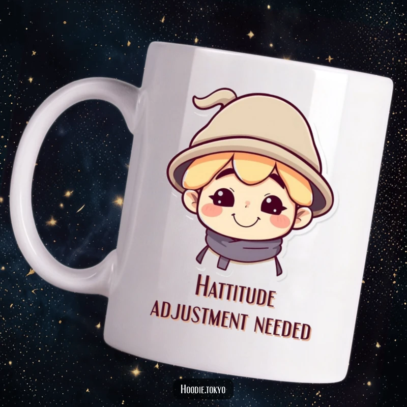 Funny Mug: Character with a Silly Grin Wearing a Tilted Oversized Hat, Exuding Cheerful Absurdity and Fun