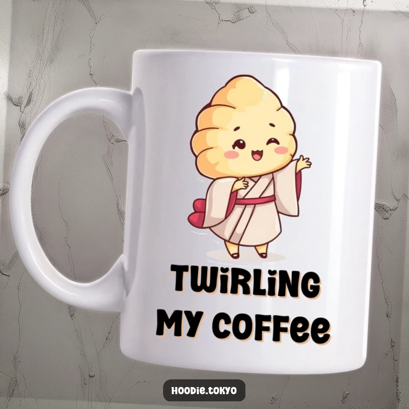 Funny Croissant Kimono Mug: A smiling croissant character in a kimono performs a playful twirl, bringing joy and charm. Perfect for gifting.