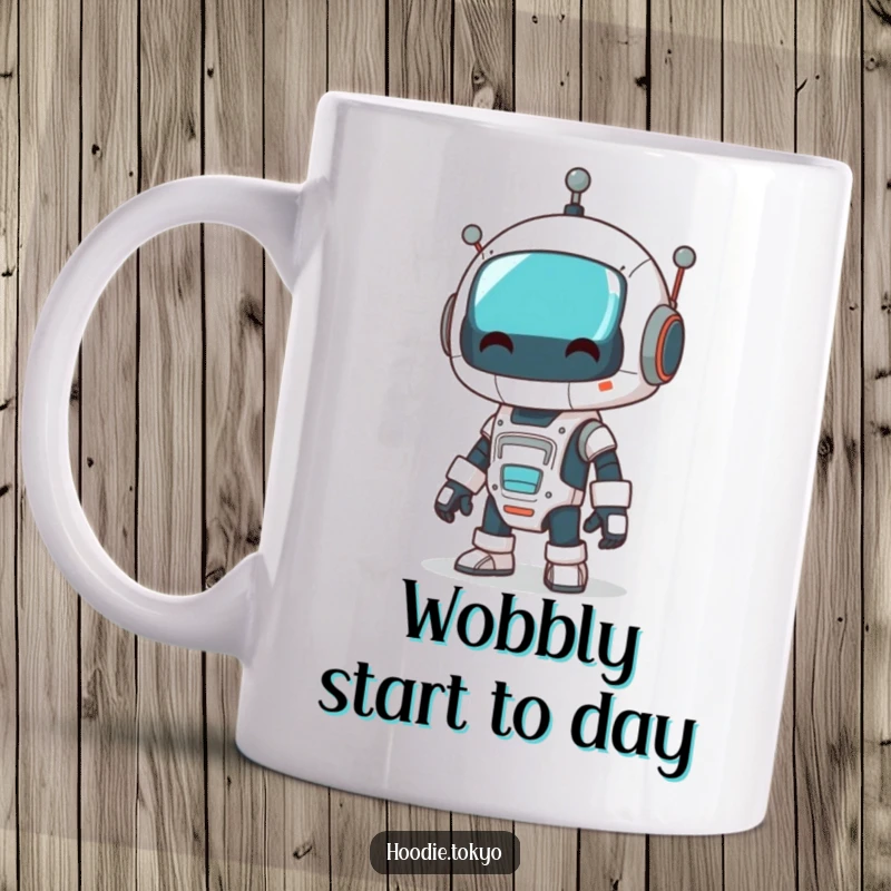 Funny robot mug featuring a character dressed as a robot performing a comical wobble with exaggerated movements.