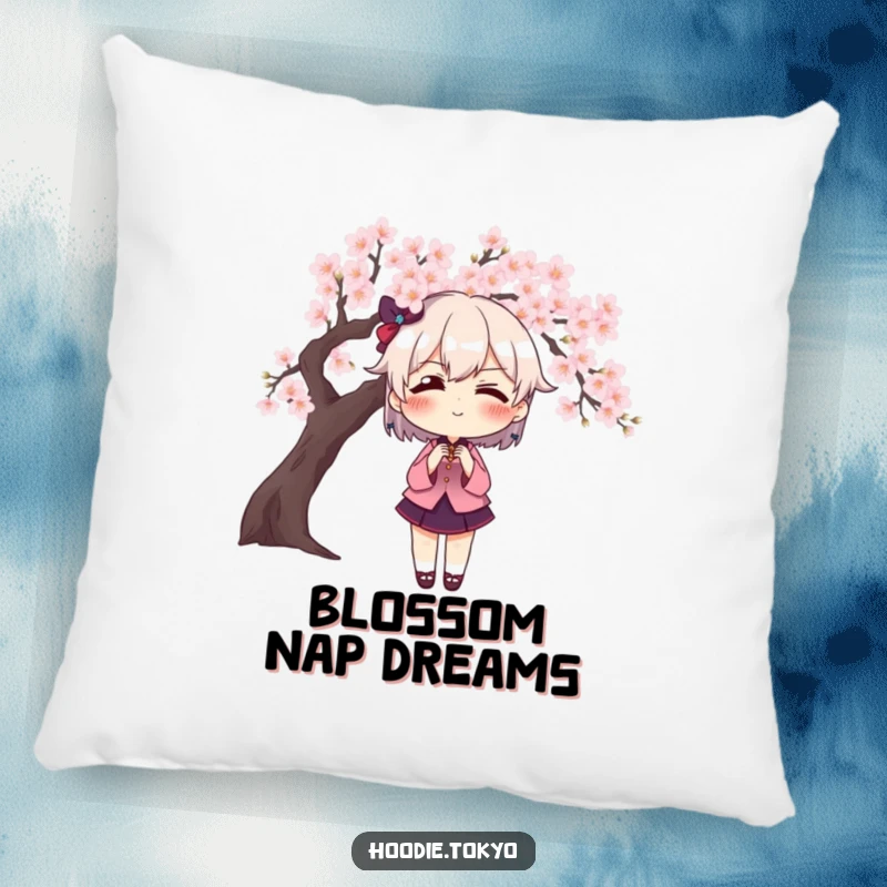Funny character with exaggerated blush posing dramatically in front of a cherry blossom tree, a comfortable and humorous decorative pillow.