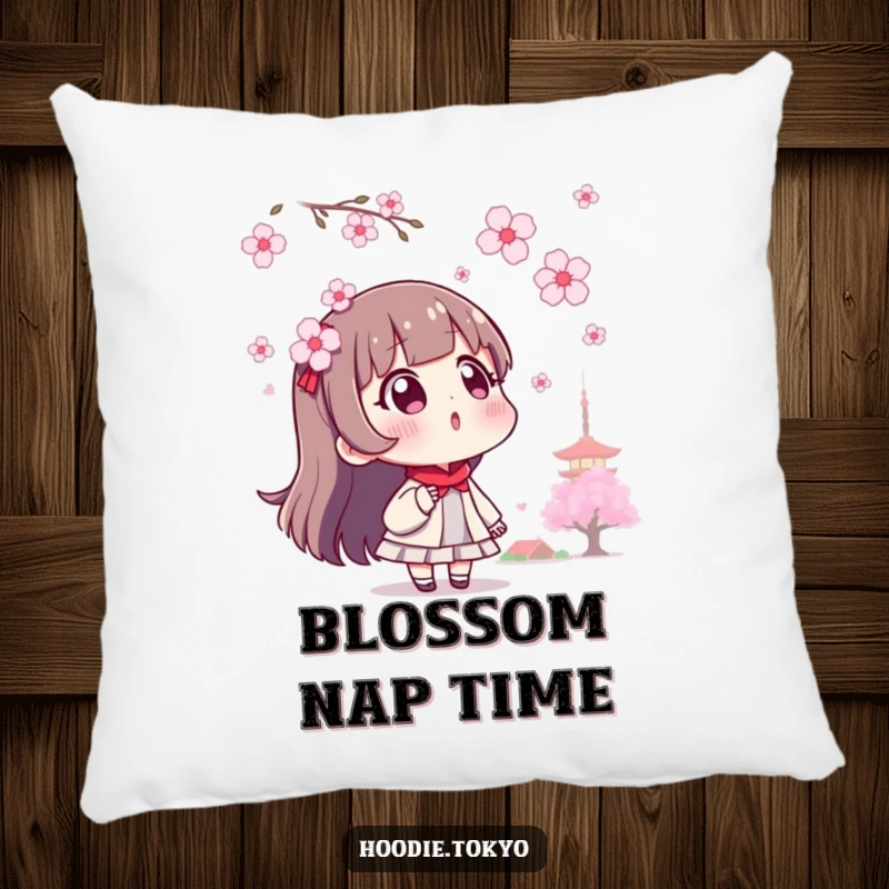 Funny surprised Tokyo character pillow design, with eyes wide open at floating cherry blossoms.
