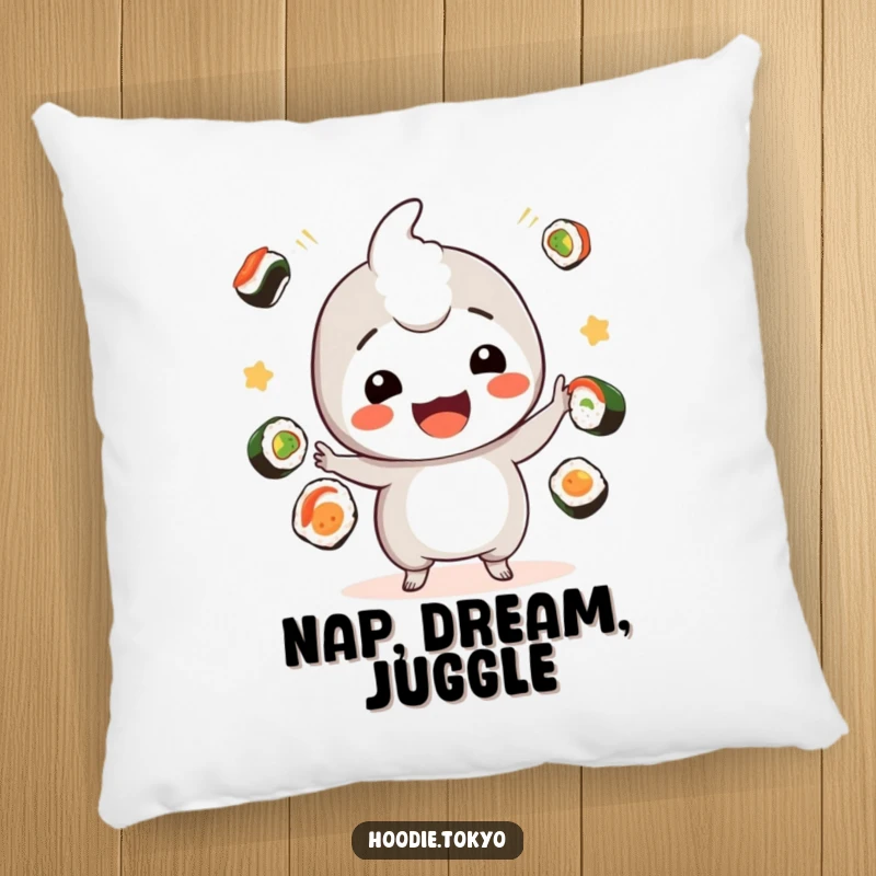 Funny sushi kawaii pillow with a playful character juggling sushi, perfect funny gift.
