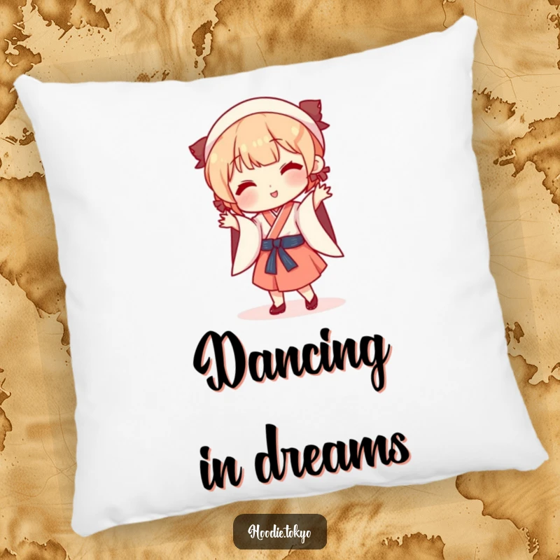 Funny playful character in traditional Japanese clothing doing a silly dance, soft and humorous decorative pillow.