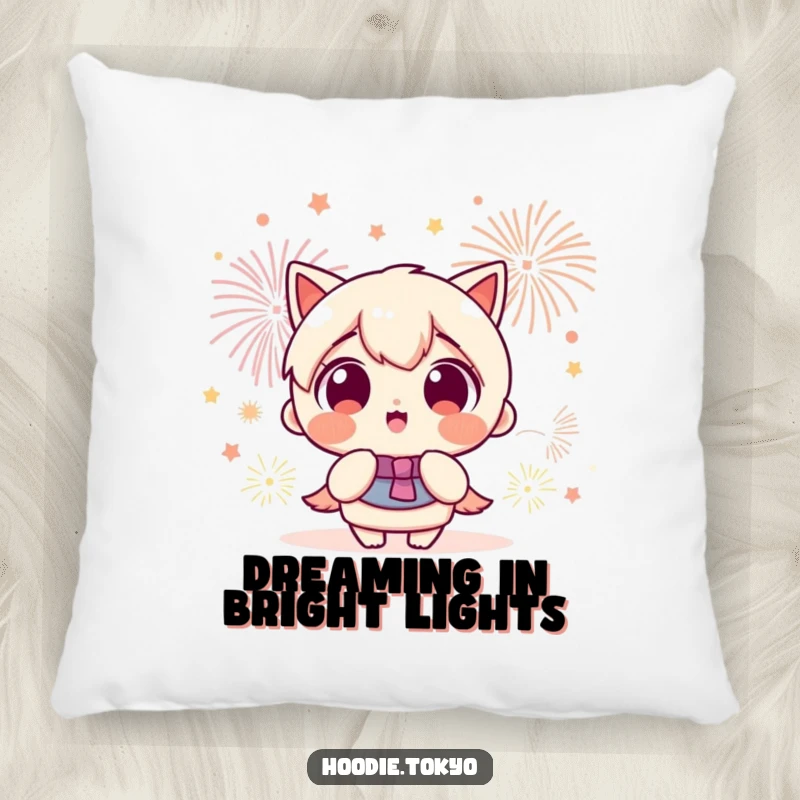 Funny Kawaii character with wide, excited eyes watching a dazzling fireworks display, offering comfort and humor as a pillow.