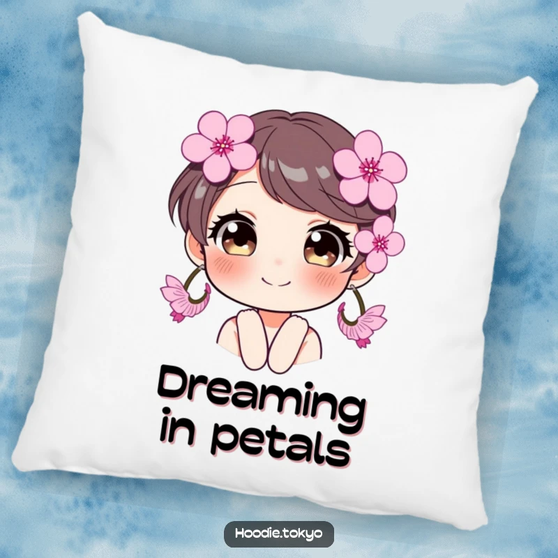 Funny character with oversized cherry blossom earrings, eyes sparkling, a soft and humorous decorative pillow.