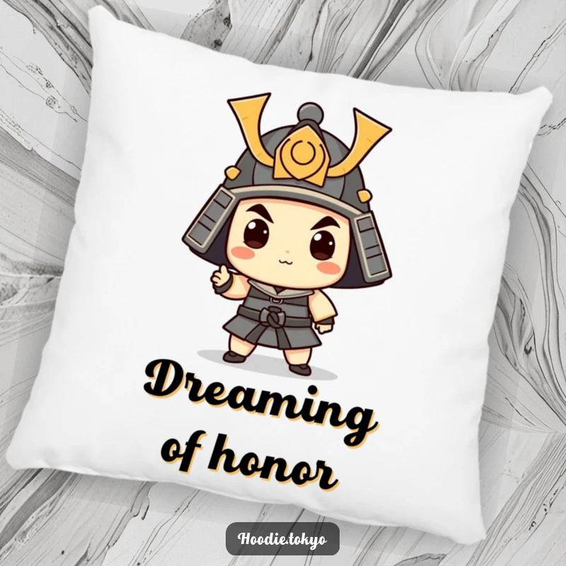Funny Samurai Pillow: A soft cushion featuring a whimsical character in a tiny samurai helmet striking a comical, endearing pose.