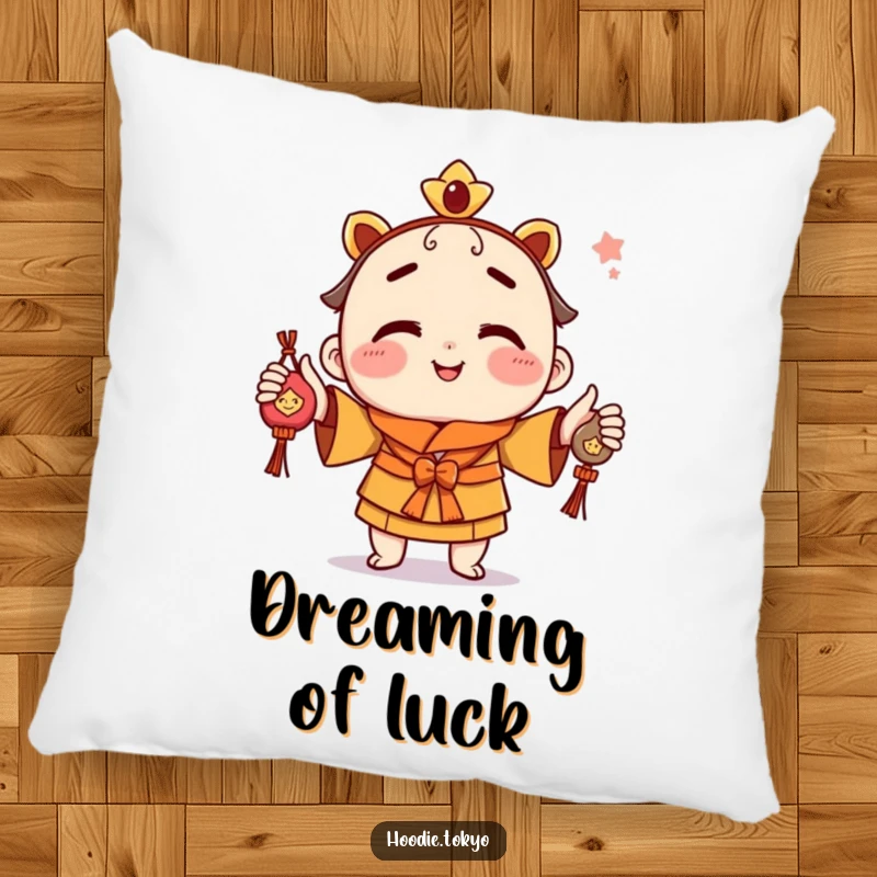 Funny decorative pillow featuring a playful character with a cheeky grin, juggling omamori charms, adding charm and luck.