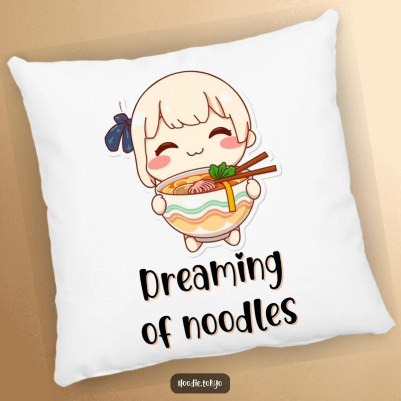 Funny cheerful character offering a bowl of ramen with a smile, soft and cozy decorative pillow.