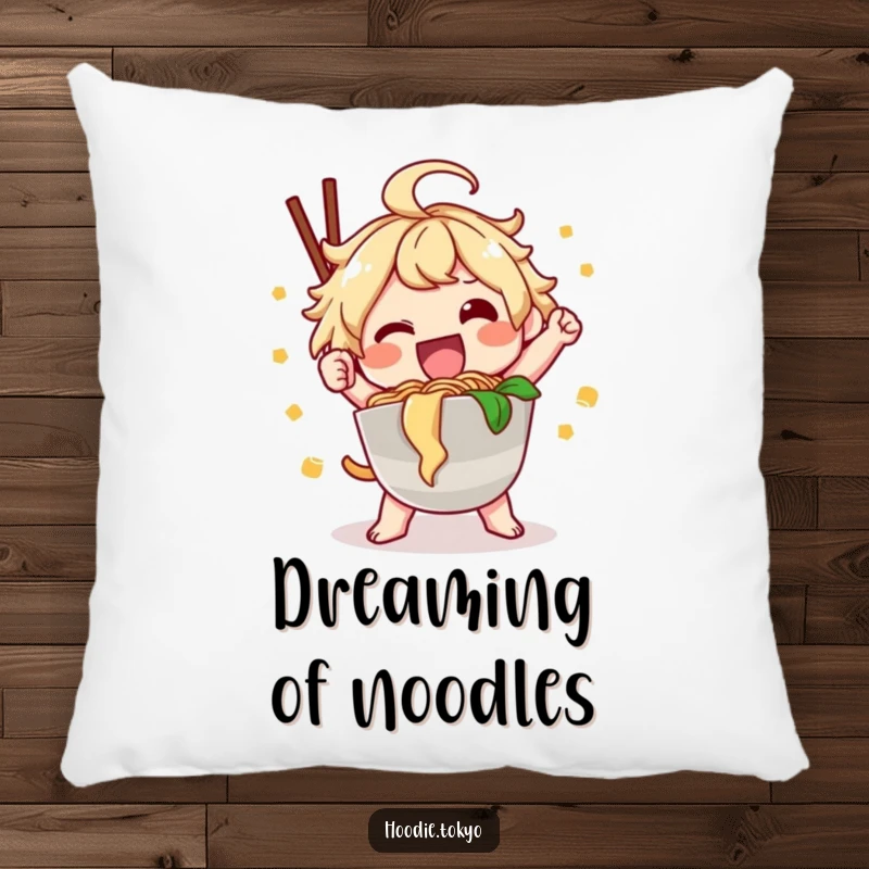 Funny ramen kawaii pillow showing a happy character with noodles, perfect funny gift.