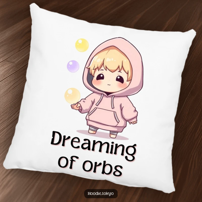 Funny, soft throw pillow with a playful character in an oversized hoodie, juggling glowing orbs, creating a magical and comfortable ambiance.