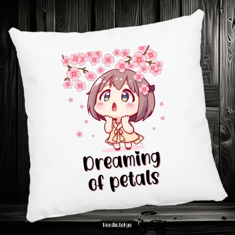 Funny surprised Tokyo character looking up at floating cherry blossoms, soft decorative pillow, anime inspired comfort.