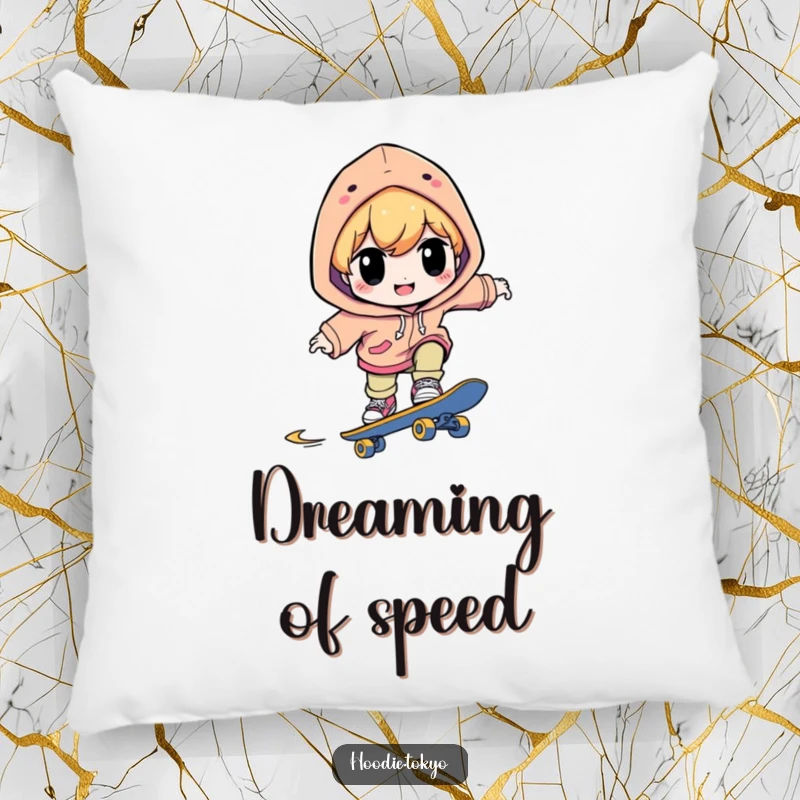 Funny, soft throw pillow featuring a character in a bright hoodie, smiling with deep concentration while skateboarding, adding comfort and style.