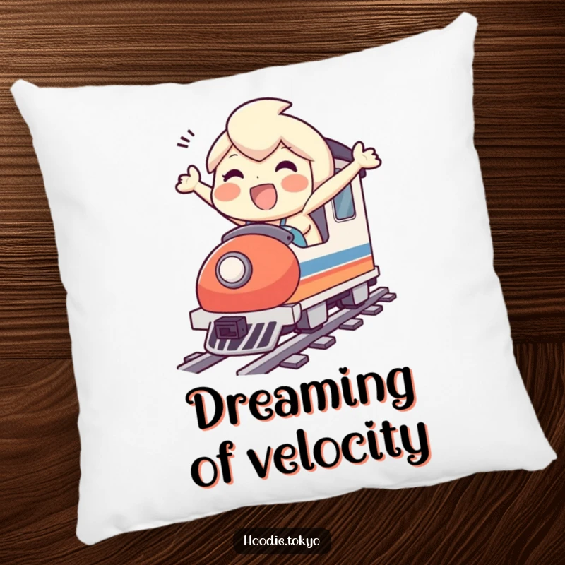 Funny pillow featuring a character's gleeful expression during a miniature bullet train ride, perfect for adding comfort and humor.