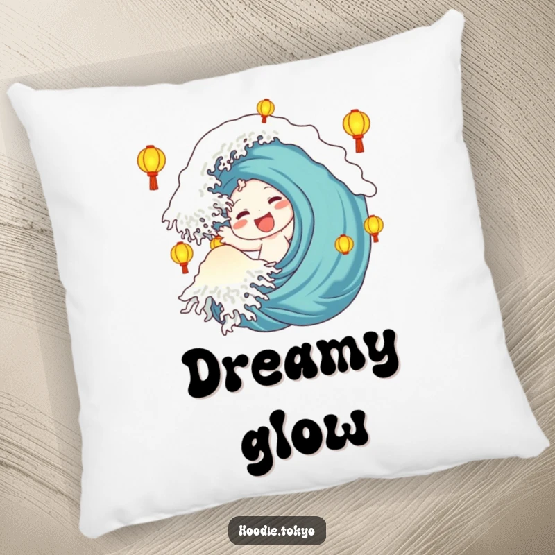 Funny Pillow: Character making a large, happy wave is nestled among luminous lanterns, offering cozy and festive vibes.