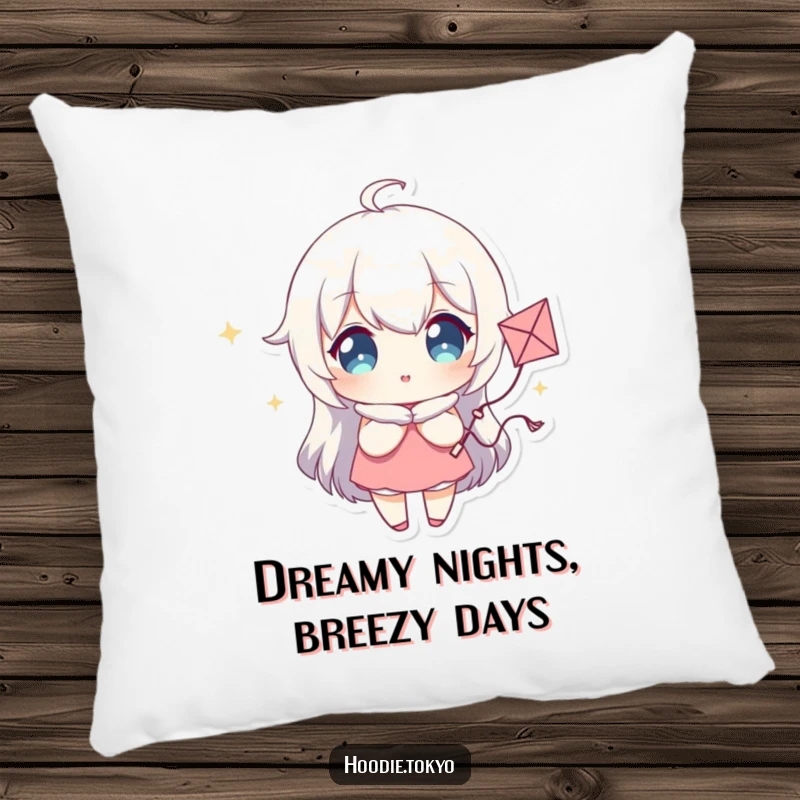 Funny Pillow showcasing a Character with Sparkling Eyes Holding a Tiny Whimsical Kite, Promoting Cozy and Dreamy Vibes