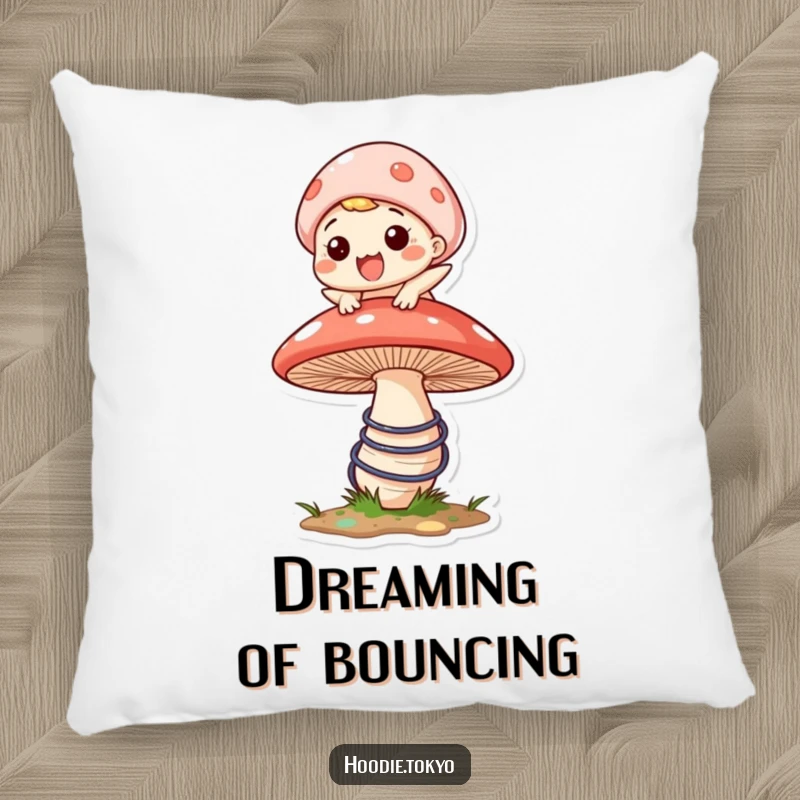 Funny pillow featuring a character with a huge grin bouncing on a massive, springy mushroom, ideal for comfortable and humorous decor.