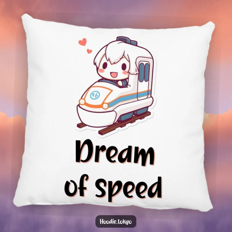 Funny bullet train pillow featuring a determined character joyfully riding a miniature bullet train, offering comfort and inspiration.