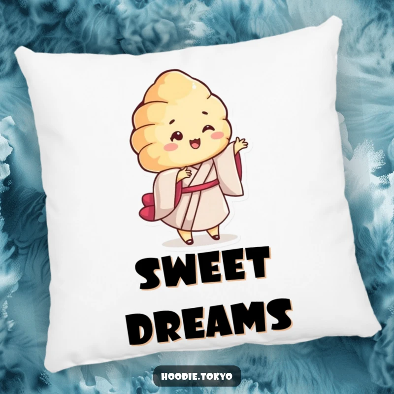 Funny Croissant Kimono Pillow: A soft pillow with a smiling croissant character in a kimono twirling playfully, adding comfort and charm.