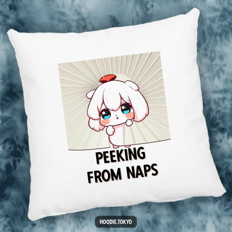 Funny curious character peering through a large fan, soft decorative pillow, anime inspired comfort and mystery.