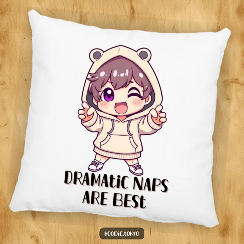 Funny pillow with a cute character in a fashionable hoodie, striking a dramatic and excited pose.