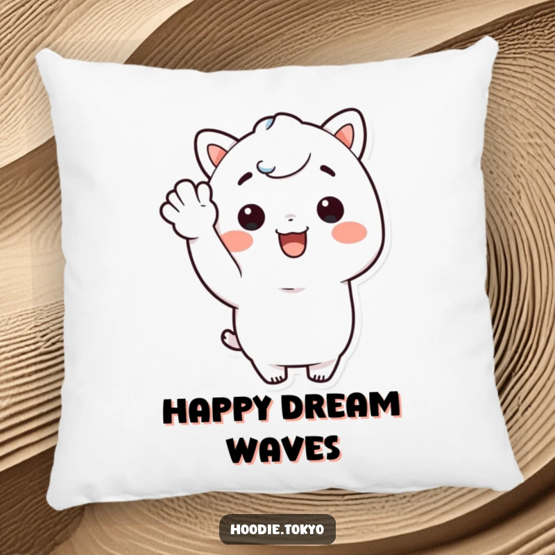 Funny Kawaii character with a big smile giving a cheerful wave on a soft pillow, offering cozy and humorous comfort.