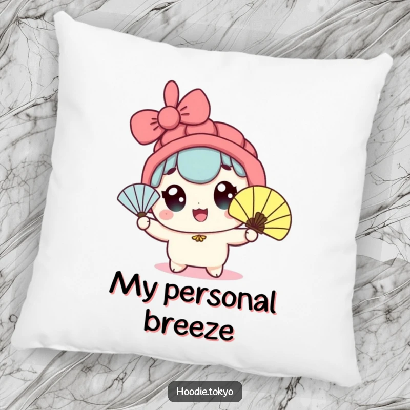 Funny kawaii character pillow featuring wide eyes and enthusiastic fan waving, providing a cool and comfy accent.