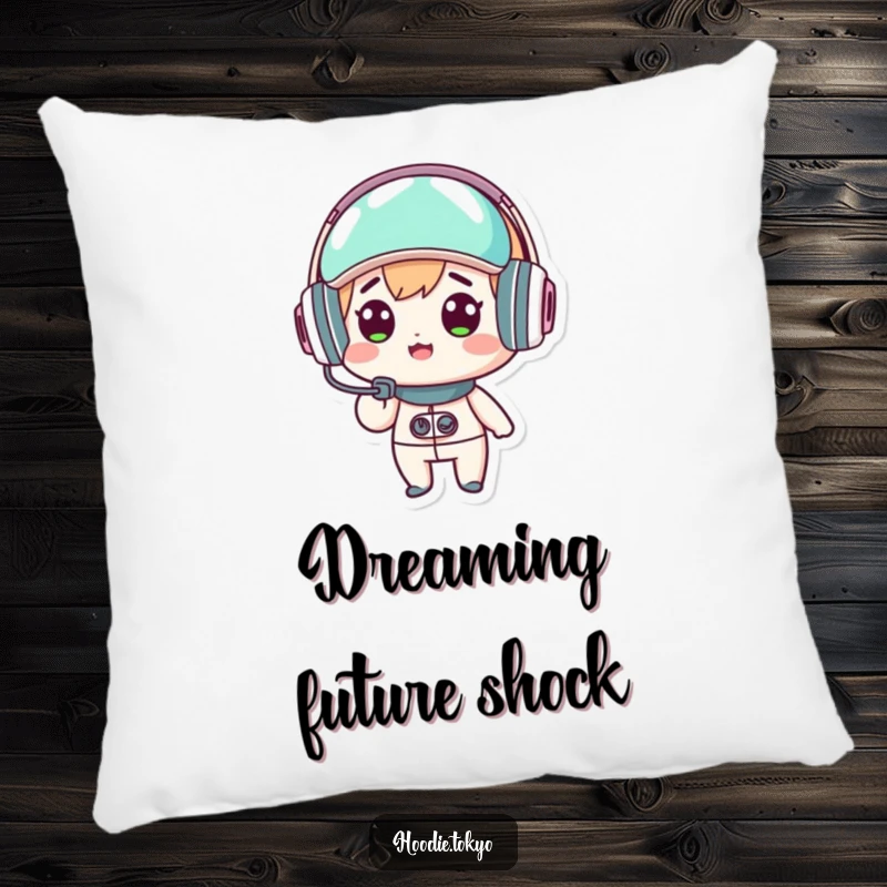 Funny kawaii character pillow, surprised expression, wearing a futuristic headset, soft and cozy cushion, cute home decor.