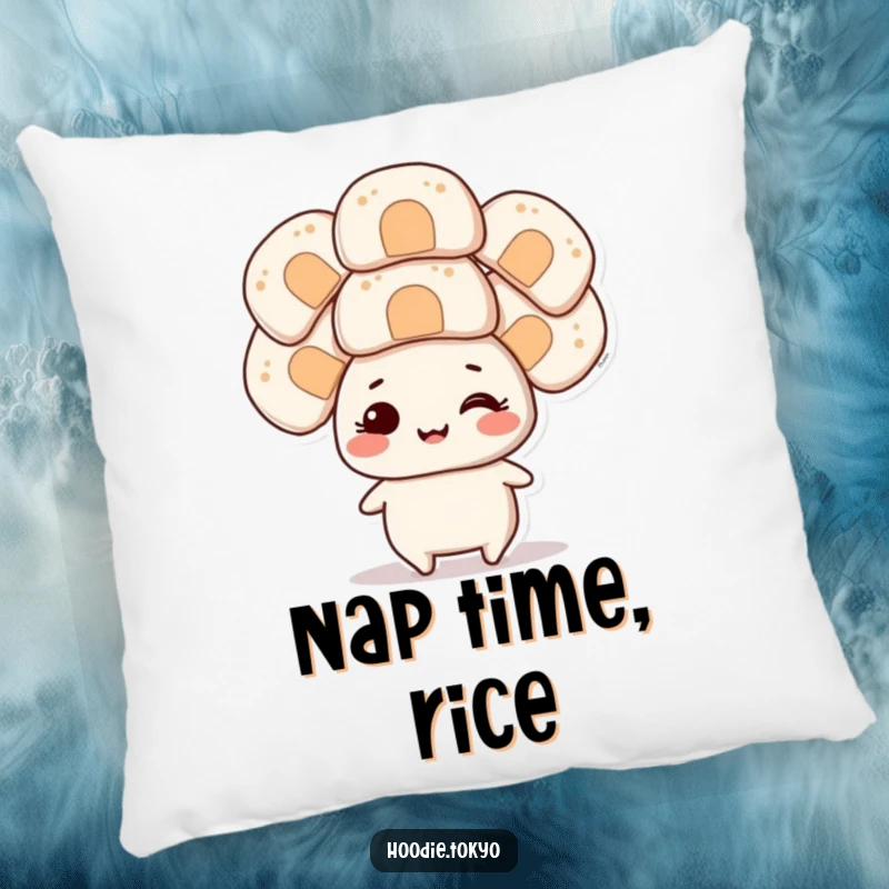 Funny smiling character balancing several oversized onigiri on its head, a comfortable and humorous decorative pillow.