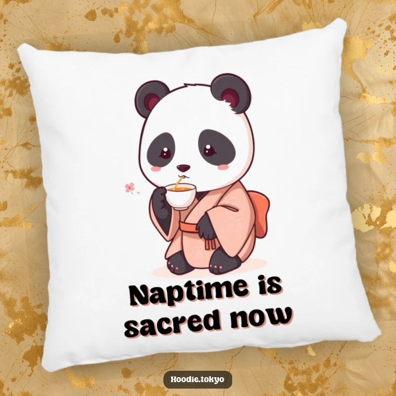Funny decorative pillow featuring a round panda in a kimono, holding a teacup, perfect for adding humorous comfort to any space.