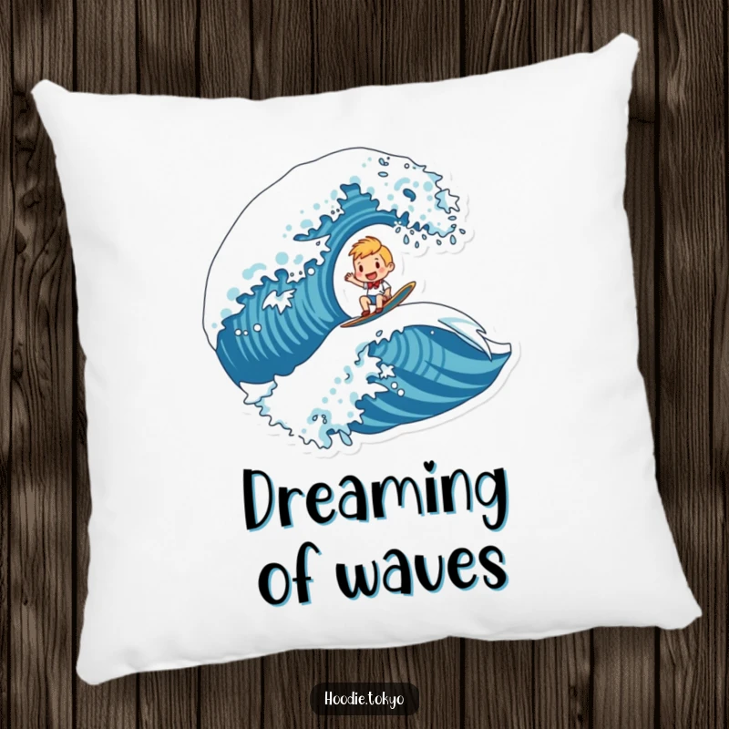 Funny pillow featuring a character cheerfully riding a huge, stylized wave, ideal for comfortable and humorous relaxation.
