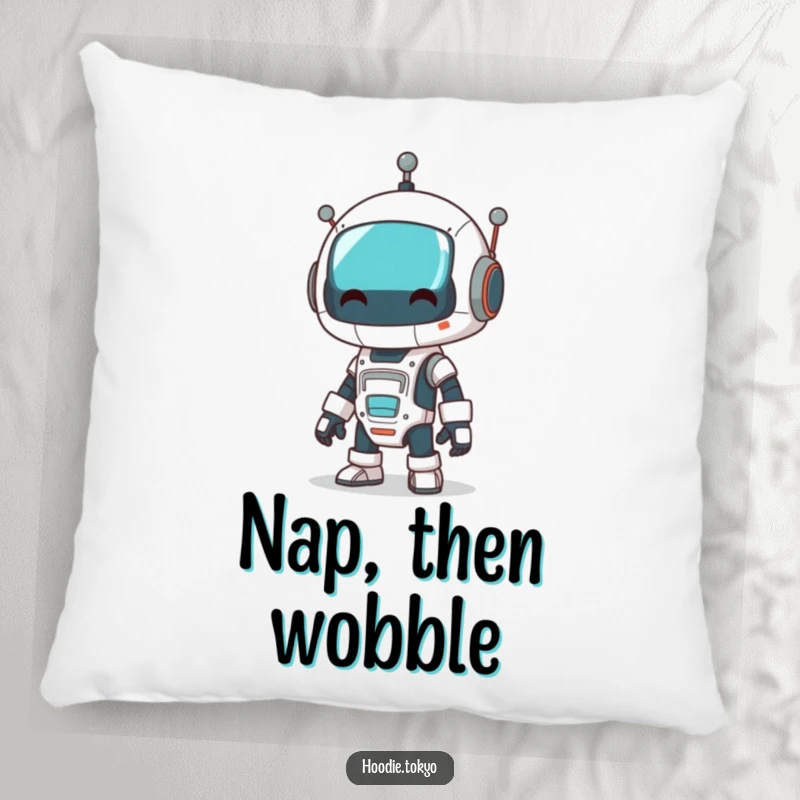 Funny robot pillow featuring a character dressed as a robot doing a comical wobble, offering comfort and a humorous touch.