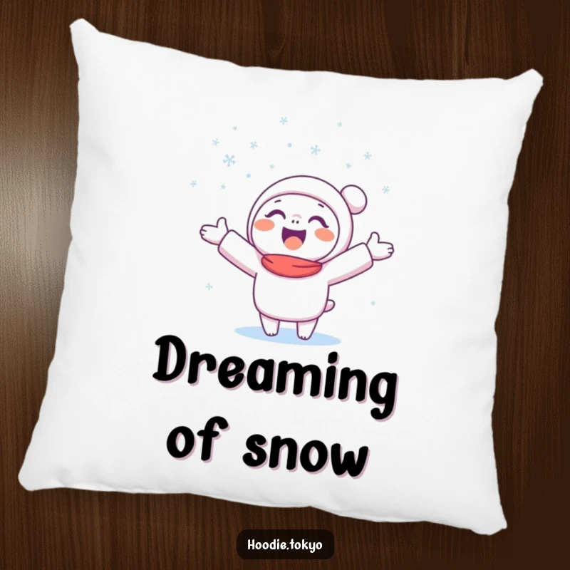 Funny Snow Catcher Pillow featuring a happy character catching snowflakes with arms outstretched, perfect for cozying up.