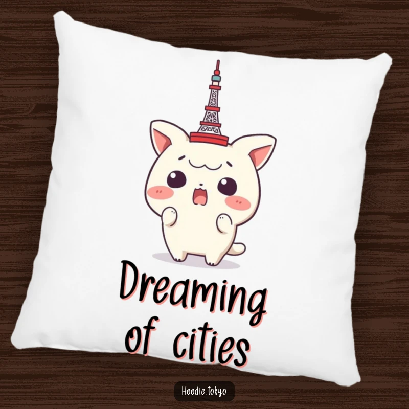 Funny Tokyo Tower Pillow: A character expressing comical shock with a miniature Tokyo Tower perched on its head, ideal for cozy, humorous relaxation.