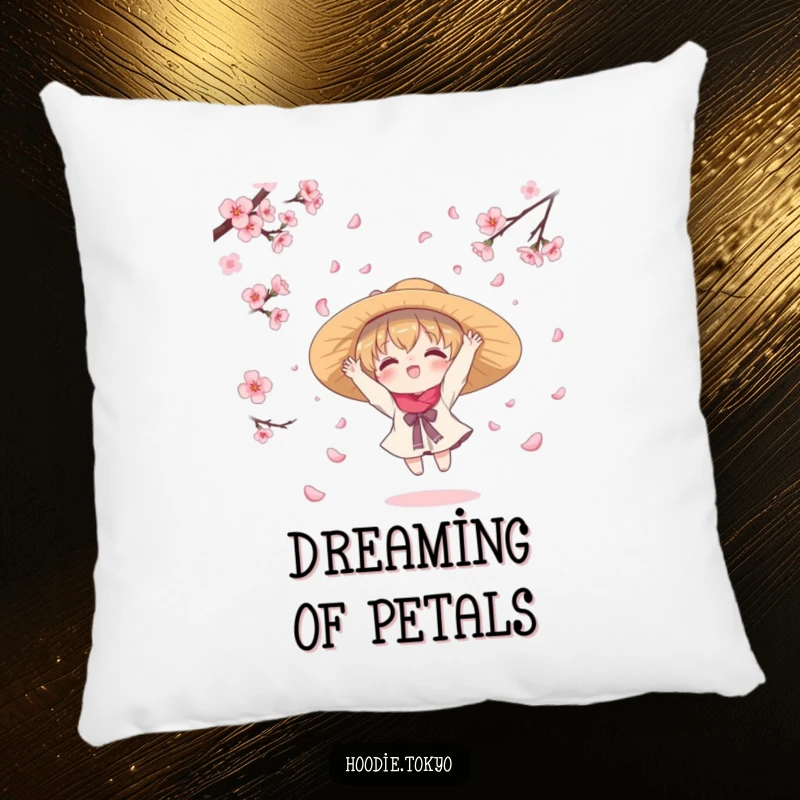 Funny decorative pillow with a kawaii character in a hat, attempting to catch falling cherry blossom petals, offering comfort and a whimsical touch.