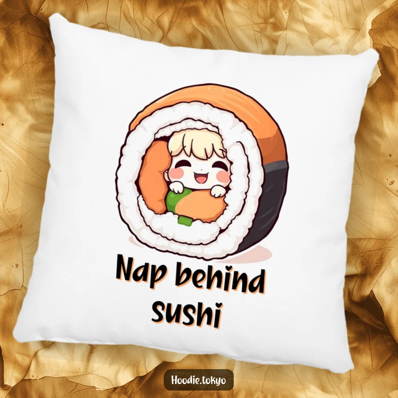 Funny giggling character peeking from behind a giant sushi roll, a soft and humorous decorative pillow.