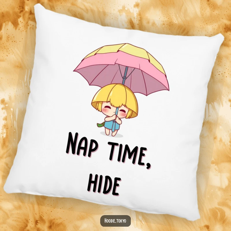Funny pillow featuring a character playfully hiding behind a huge, cartoonish umbrella, ideal for comfortable and humorous decor.