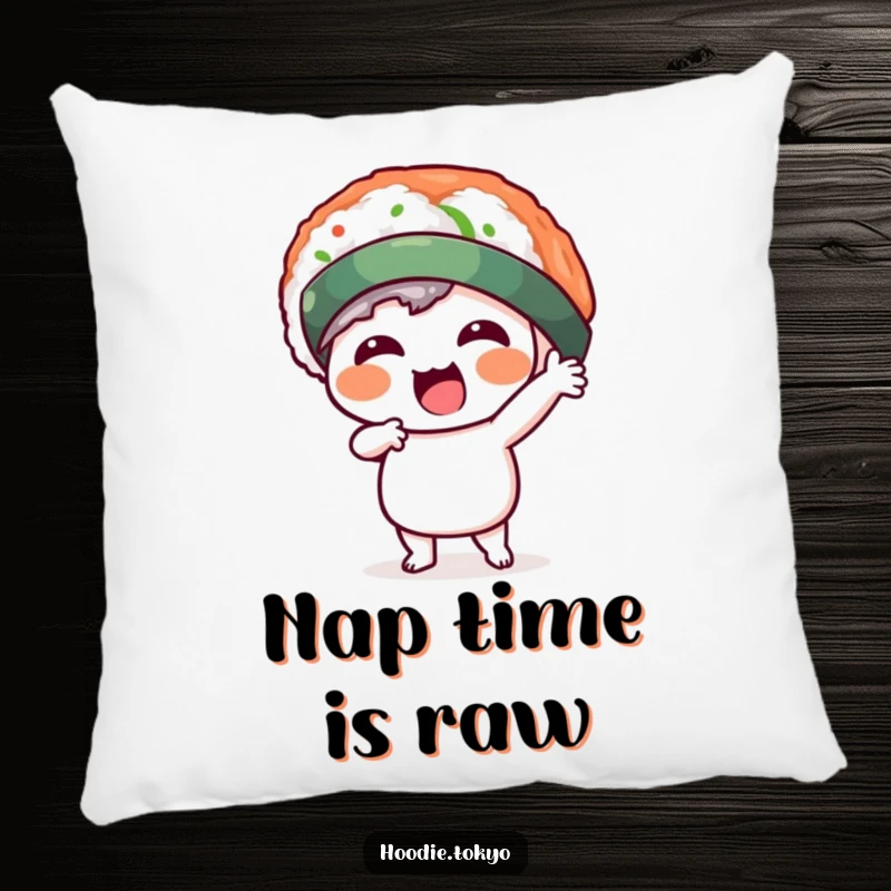 Funny kawaii character in a silly sushi hat, striking a dynamic pose on a soft pillow. Adds comfort and humorous flair to any room.
