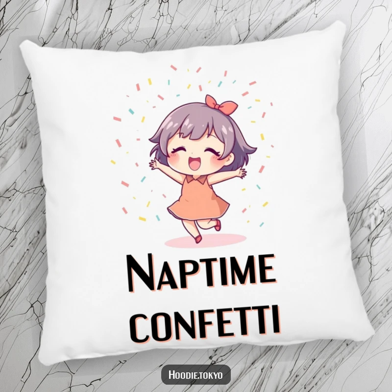 Funny Dancing Confetti Pillow featuring a cute character joyfully dancing under a shower of colorful confetti, adding cheer.